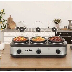 Triple Slow Cooker, Buffet Server and Food Warmer, Small Mini Pot with 3 Adjusta